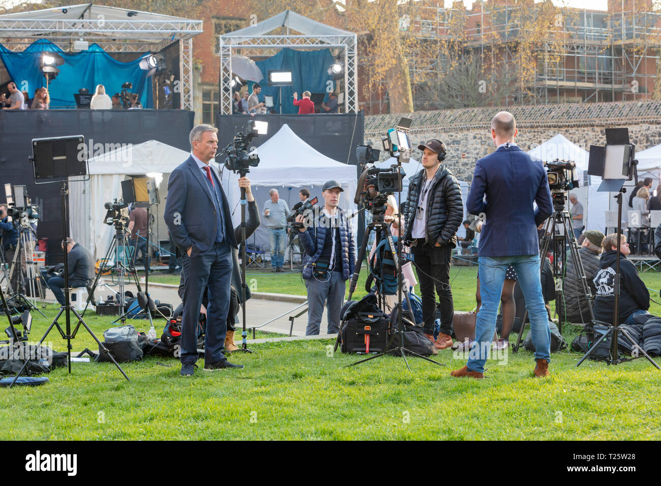 Westminster, London, UK; 29th March 2019; Broadcast Media Congregate With their Equipment on College Green Opposite Houses of Parliament Stock Photo