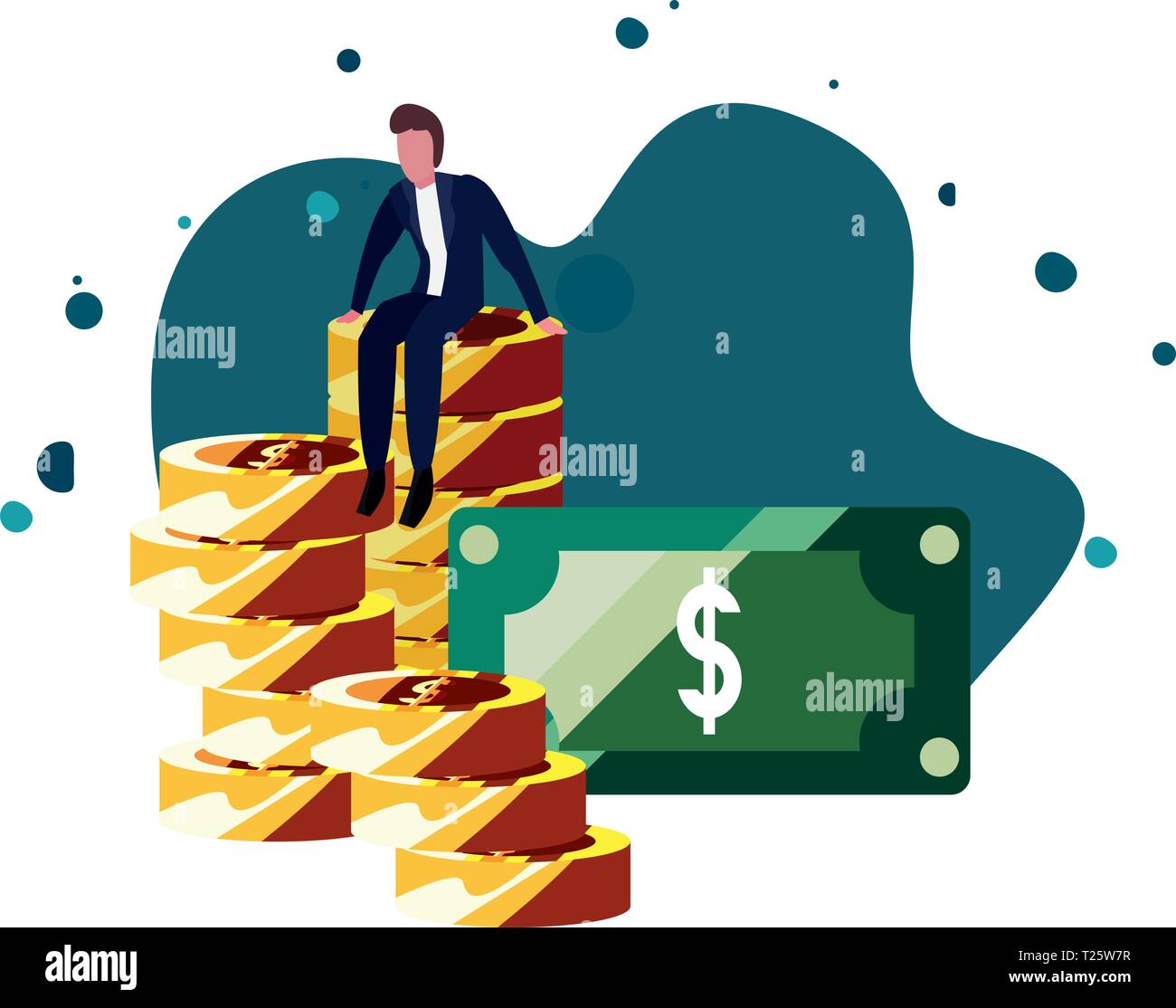 businessman sitting on coins money banknote vector illustration Stock ...