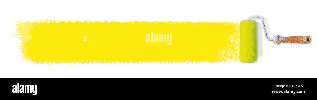 paint roller and long yellow paint stroke banner for text Stock Photo