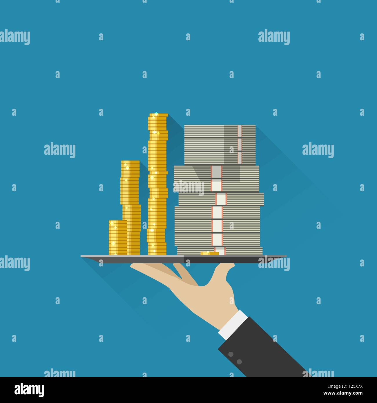 Hand holding tray with money Stock Vector