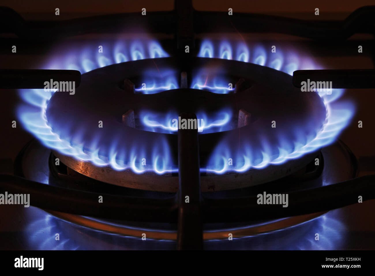 burner of a methane gas cooker in operation Stock Photo