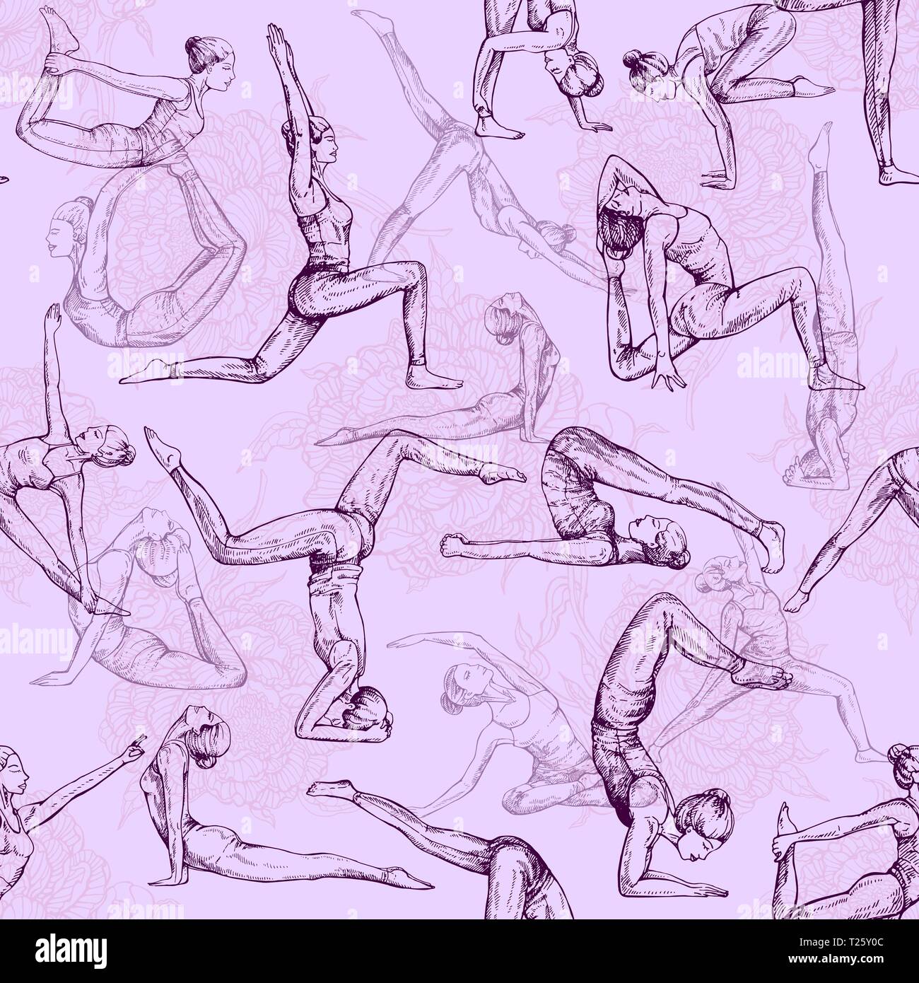 Seamless pattern of hand drawn sketch style abstract people doing yoga ...
