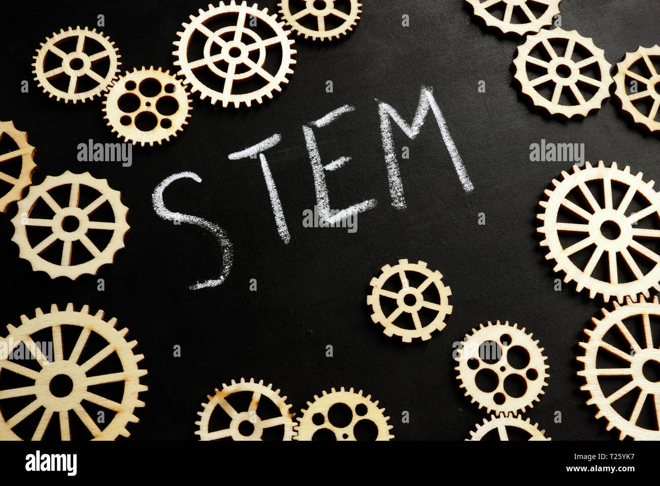 Stem education concept. Blackboard and gear wheels Stock Photo Alamy