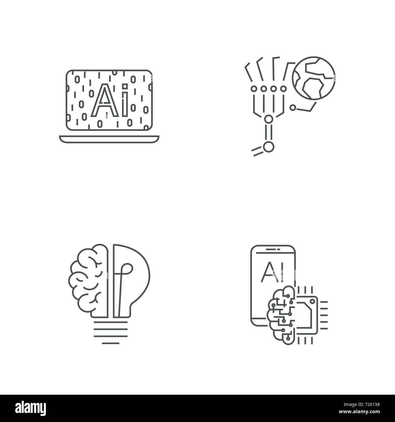 Digital technology icons set. AI, IoT, Hi-Tech concept. Editable Stroke Stock Vector