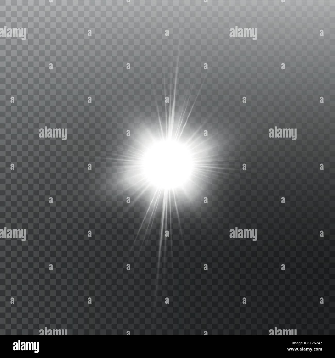 Bright shining sun Isolated on black background. Glow light effect. Vector illustration Stock Vector
