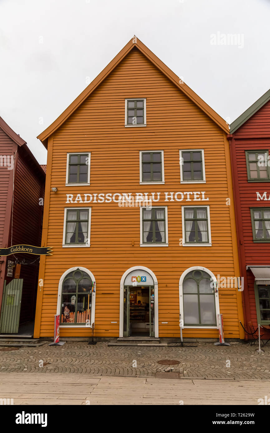 The Radisson Blu Hotel, part of the historical area of Bryggen, the old part of the the town of Bergen in Norway. Stock Photo