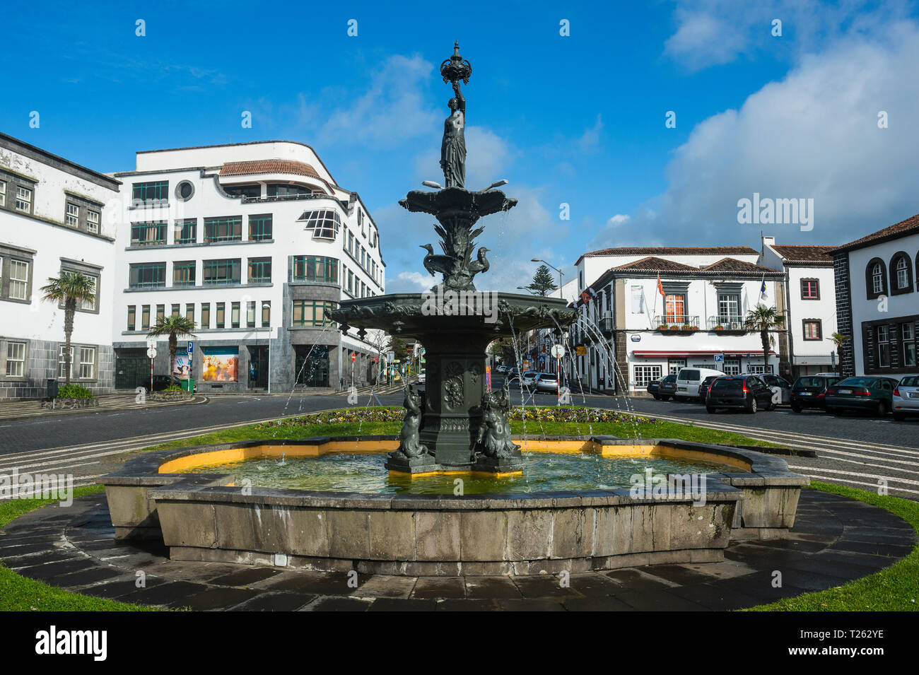 Portugal, Azores, Island of Sao Miguel, Ponta Delgada, Old town, fountain Stock Photo