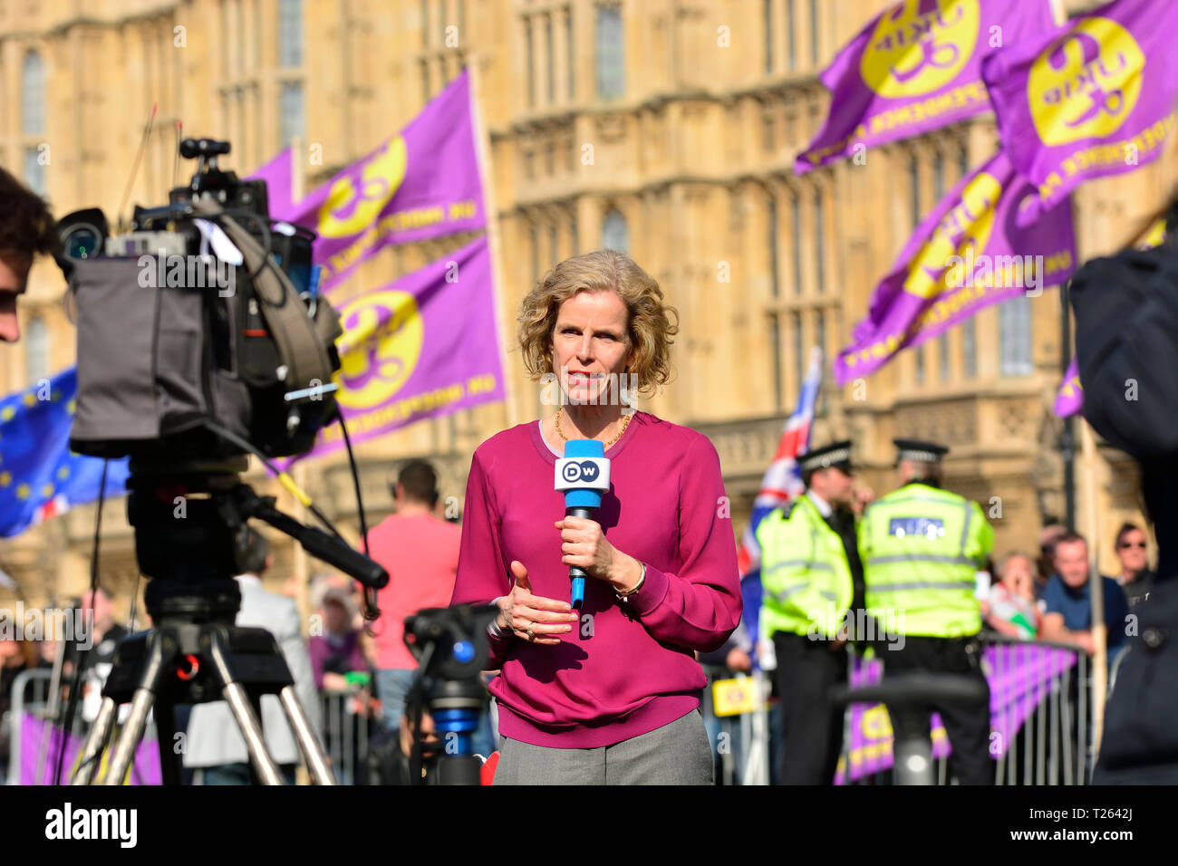 Birgit Maass - Deutsche Welle UK correspondent - reporting on Brexit from College Green, Westminster, UK. 29 March 2019 Stock Photo