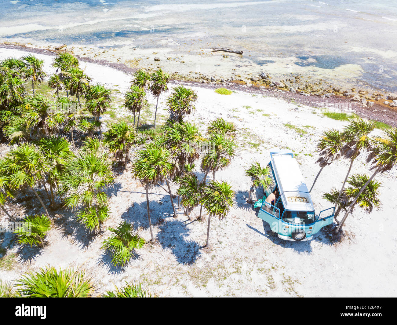 Mexico, Yucatan, Quintana Roo, Tulum, drone view of camper van on the
