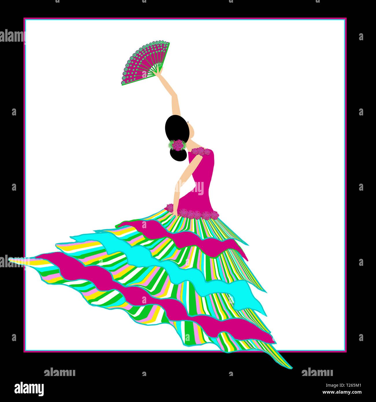 Graphic Flamenco Dancer wearing long vividly colored dress waving an ornate fan while dancing.  Isolated on white and/or black backgrounds. Stock Photo