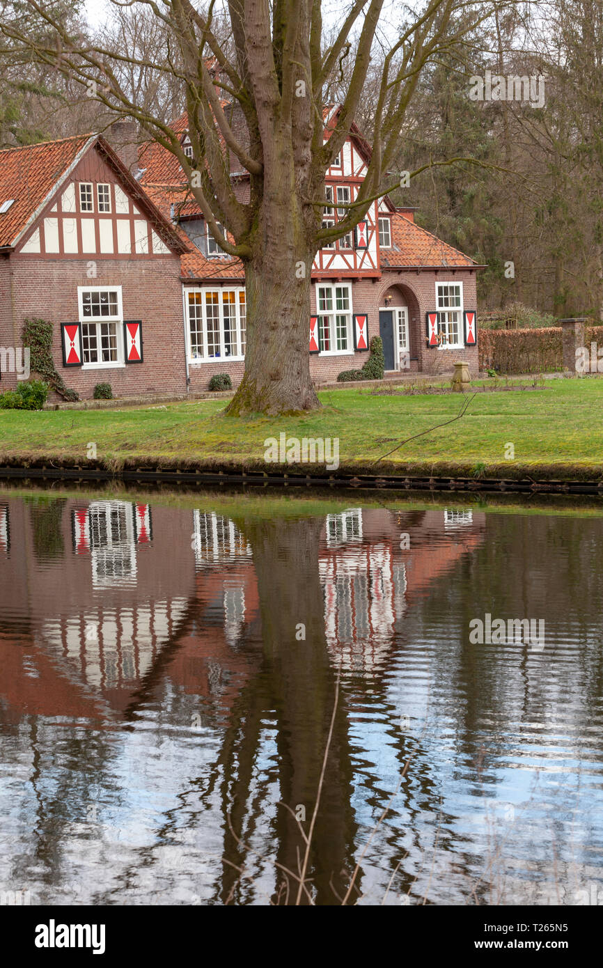 Heeze castle reflection on water surface eit a big tree at wintertime Stock Photo