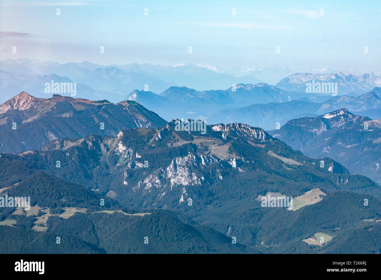 Germany, Bavaria, Chiemgau, Bavarian Prealps in the foreground, Alps in the background Stock Photo