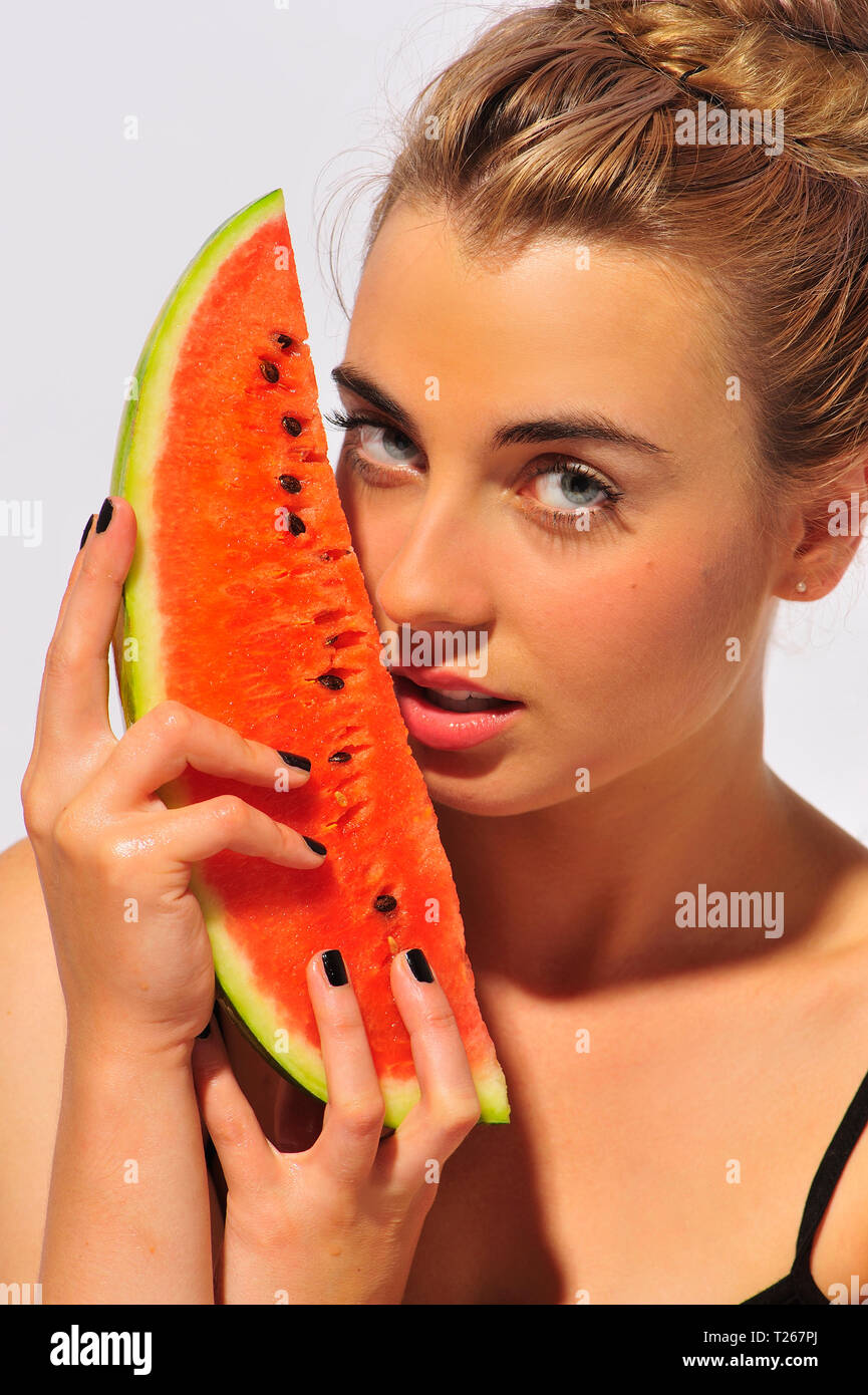 Attractive Beauty Apetit Women Mouth Watermelon Food Natural Sweet Fruit Eating Consumption One Person Silhouette Clouse Up Delicious Stock Photo Alamy