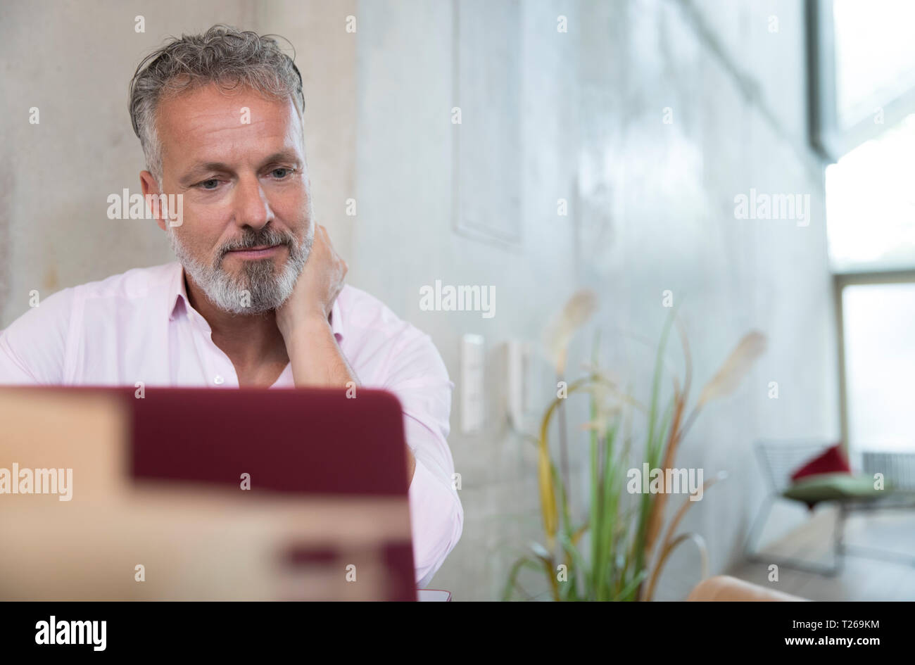 Businessman in a loft using laptop Stock Photo