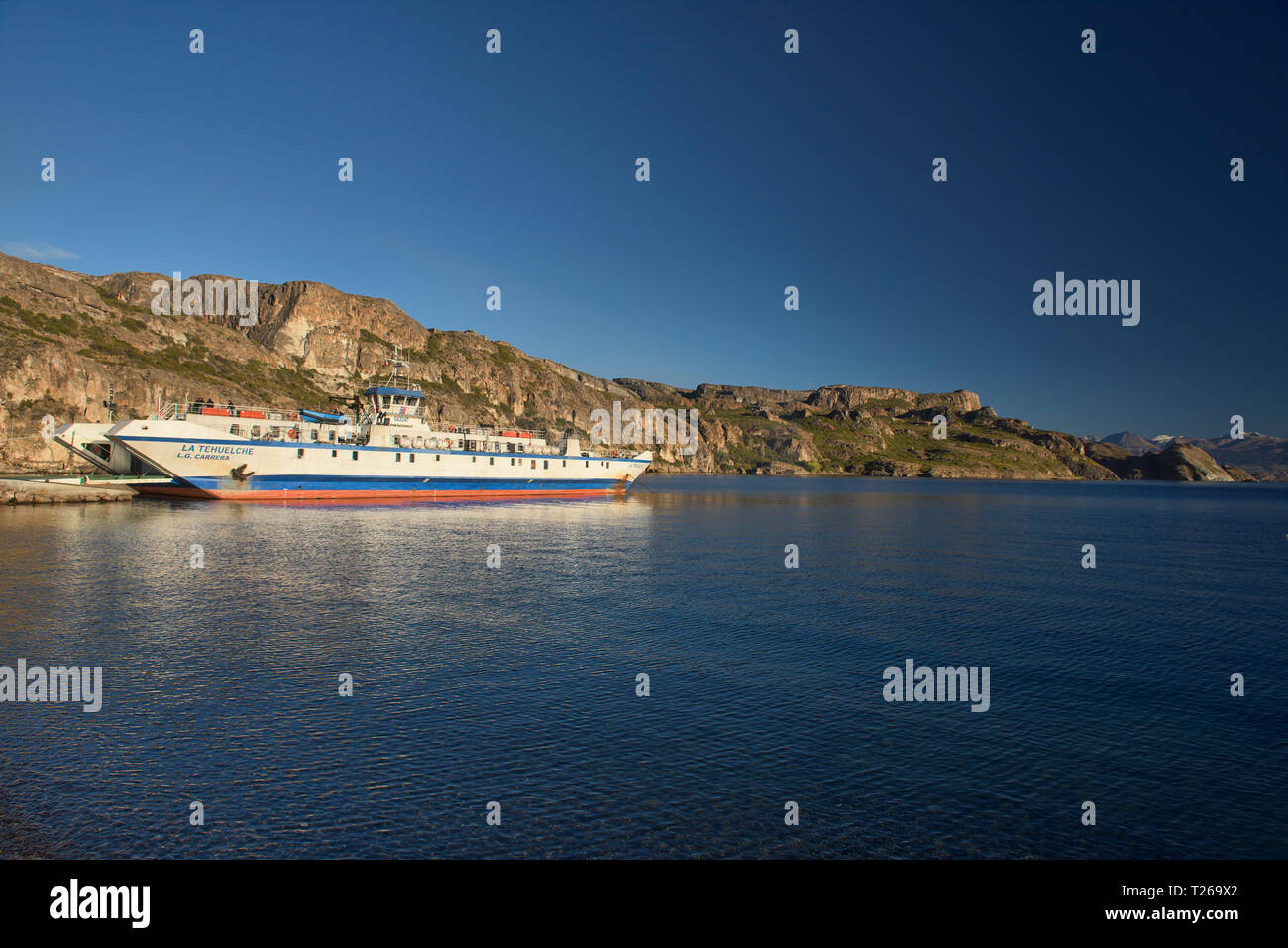 Ferry leaving Chile Chico, Lago General Carrera, Aysen, Patagonia, Chile Stock Photo