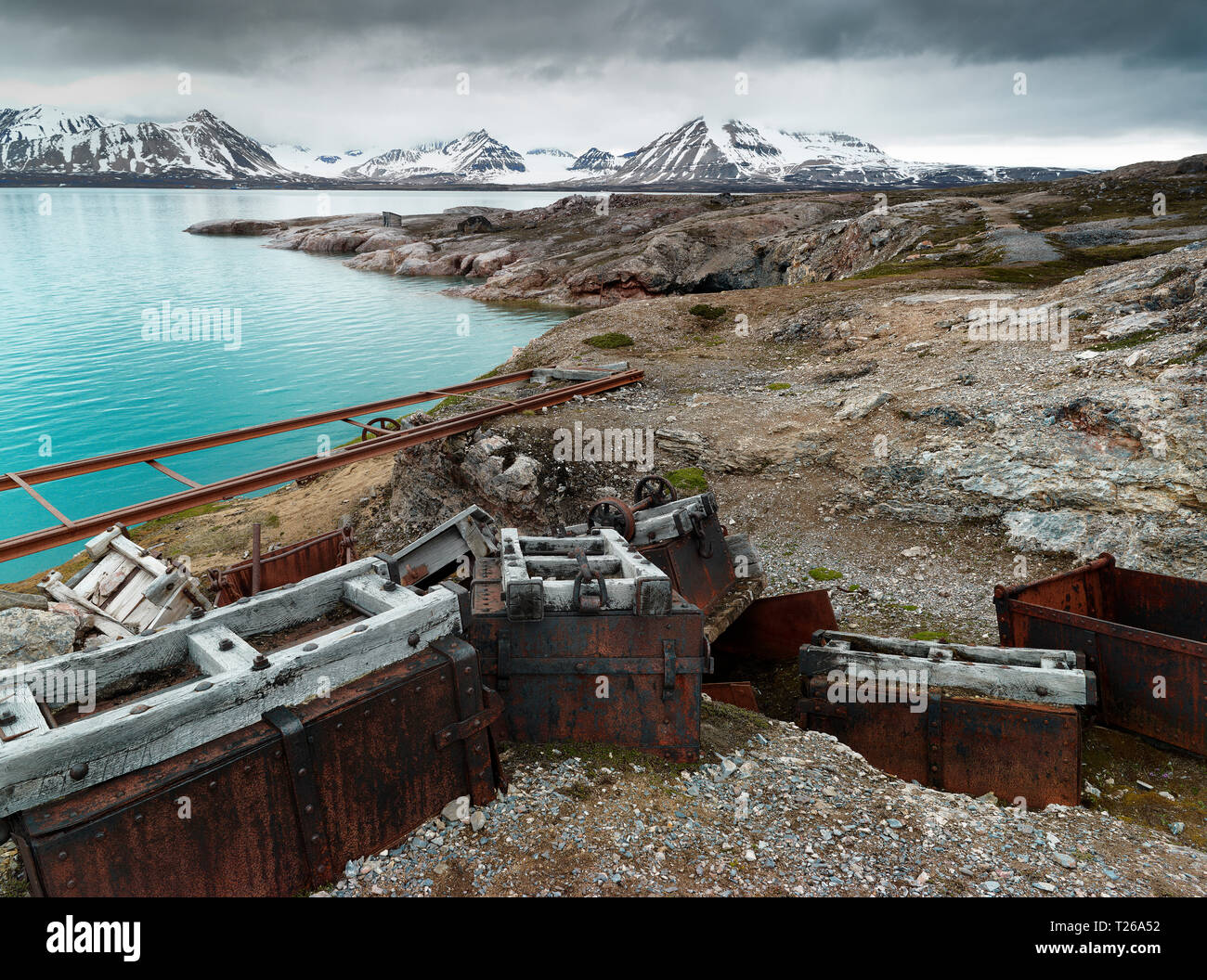 Norway, Spitsbergen, Longyearbyen, old remains of coal mine, transport cart Stock Photo