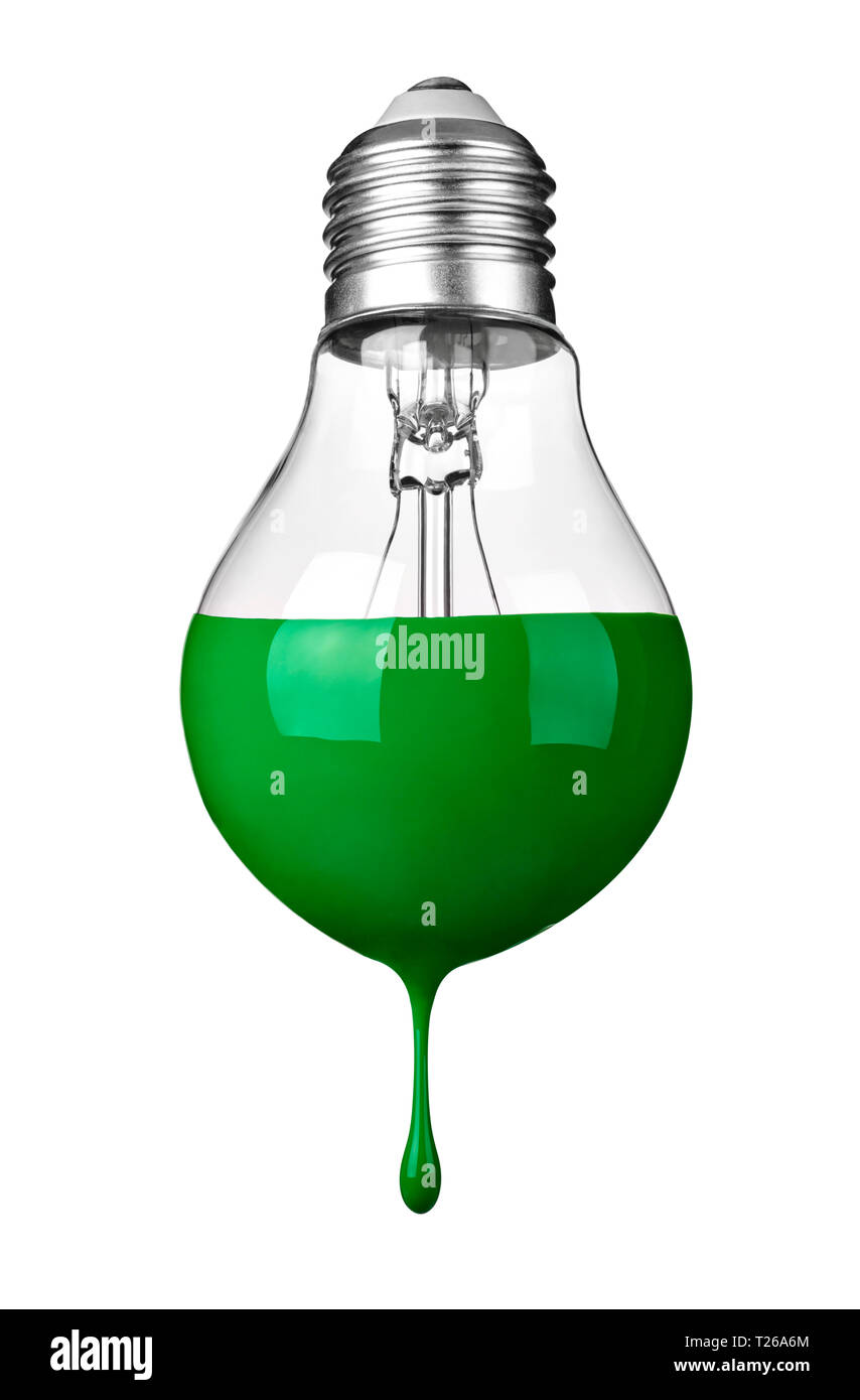 Close up of a green colored light bulb on white background, sustainability concept Stock Photo