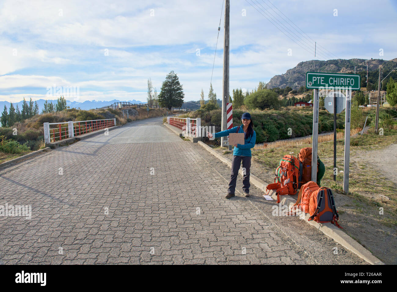 Hitchhiking the Carretera Austral through Patagonia, Rio Tranquilo, Aysen, Chile Stock Photo