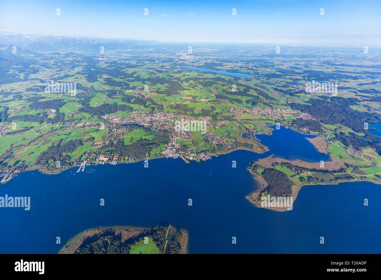 Germany, Bavaria, Chiemgau, Aerial view of Lake Chiemsee, Prien and  Rimsting, Schafwaschener Winkel, Peninsula Sassau Stock Photo