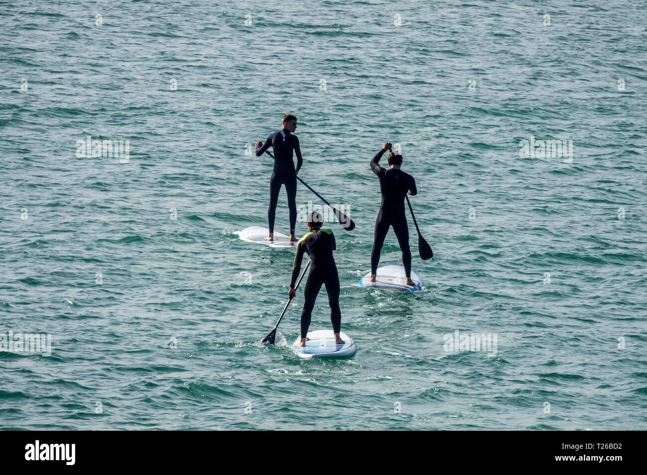 Three men silhouettes of people paddleboarding sea at Valencia, Spain Stock Photo