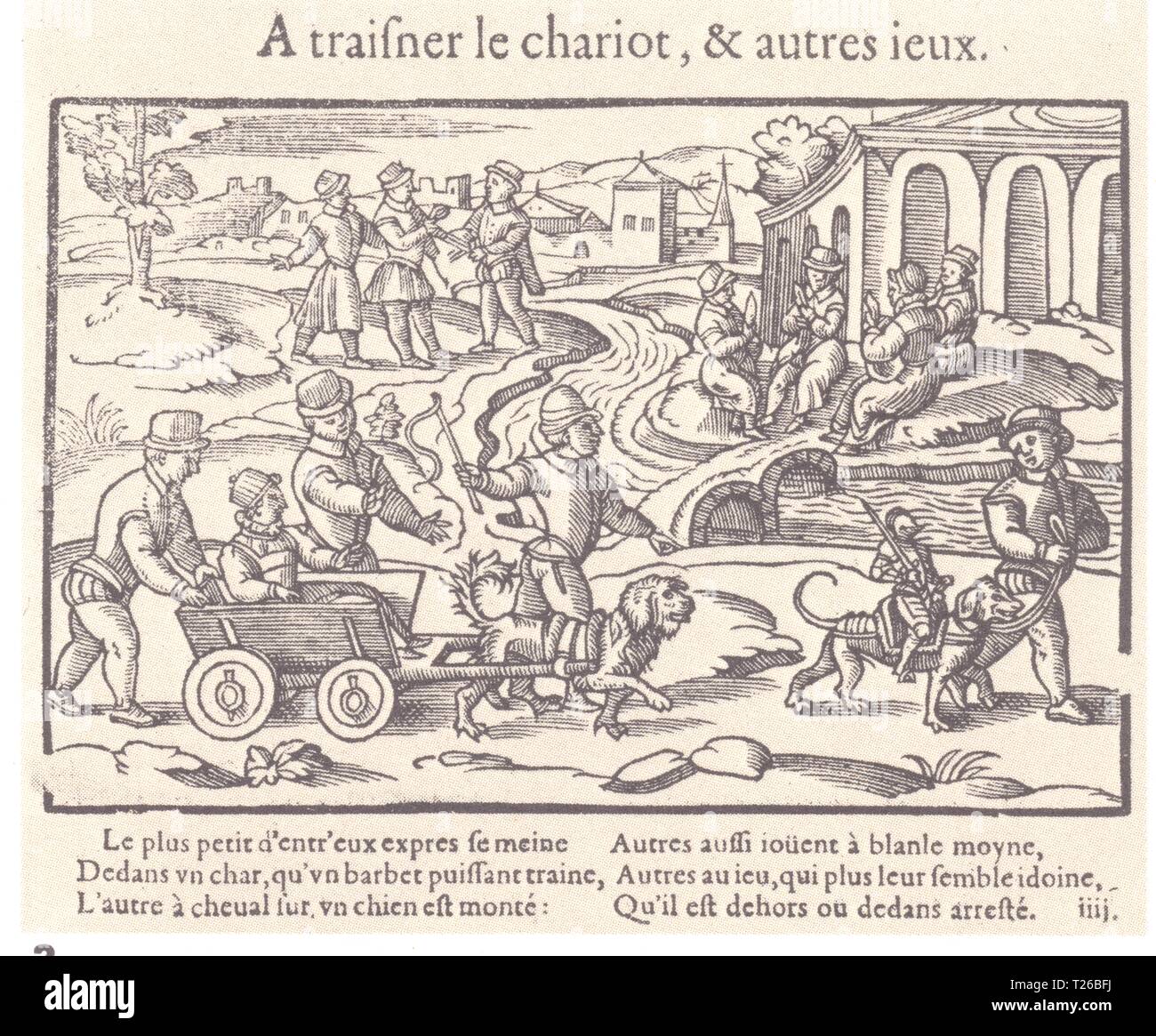 Jeux d'enfants au XVI e siècle. Traisner le chariot et autres jeux Stock Photo