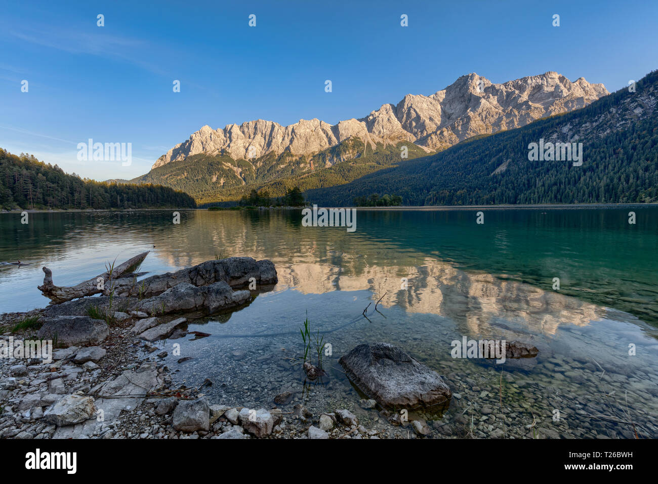 Eibsee Lake near Grainau Bavaria with a view of the Zugspitze mountain ...