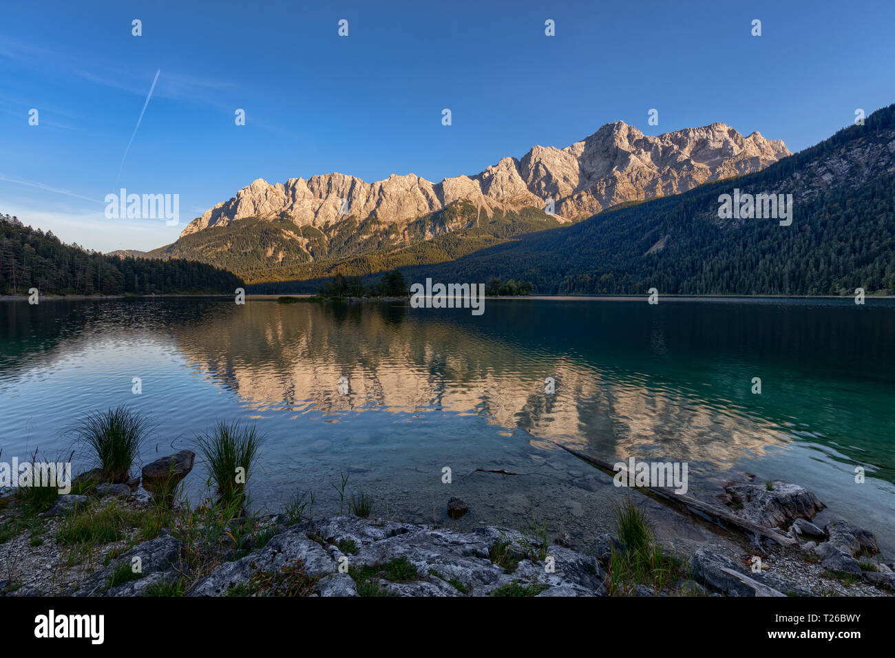 Eibsee Lake near Grainau Bavaria with a view of the Zugspitze mountain ...