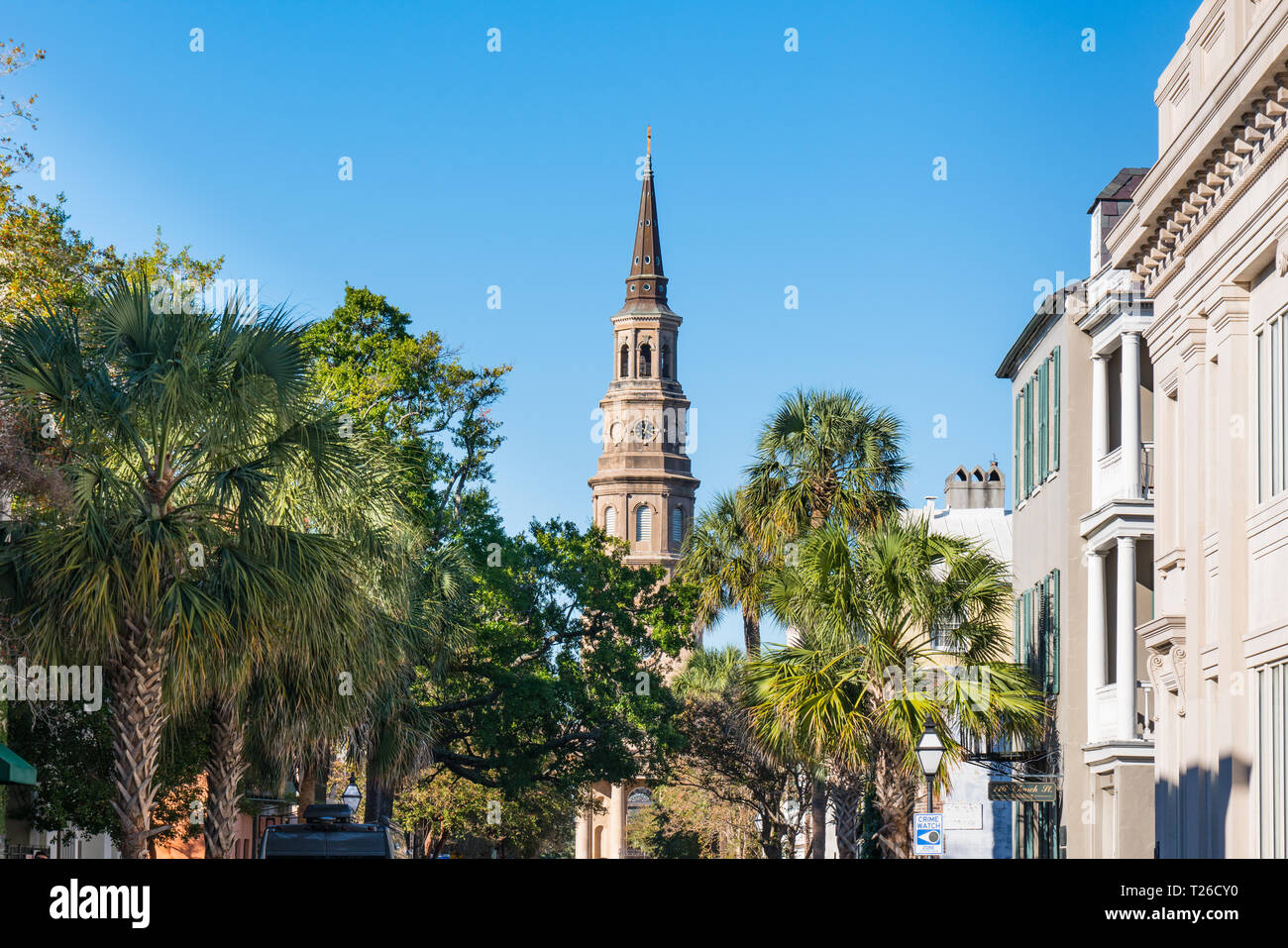 Charleston, SC - November 3, 2018: Steeple of St Phillip's Church along Church Street in Charleston, SC Stock Photo