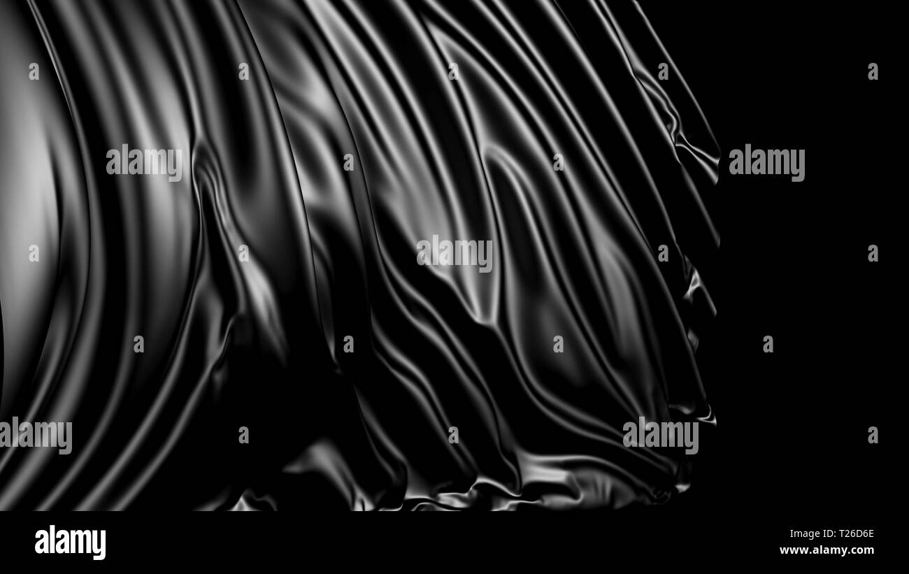 3D rendering of black fabric. The fabric develops smoothly in the wind. Wind waves spread through the fabric Stock Photo