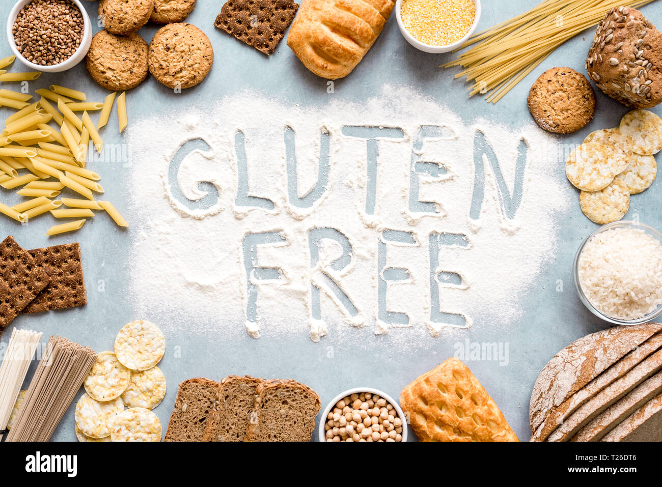 Gluten free food. Various gluten free pasta, bread, snacks and flour on
