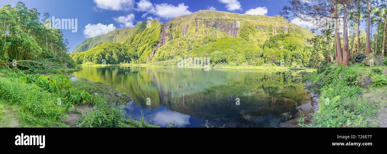 Panoramic view of lake Poco do Ribeira do Ferreiro at the Azores island of Flores Stock Photo