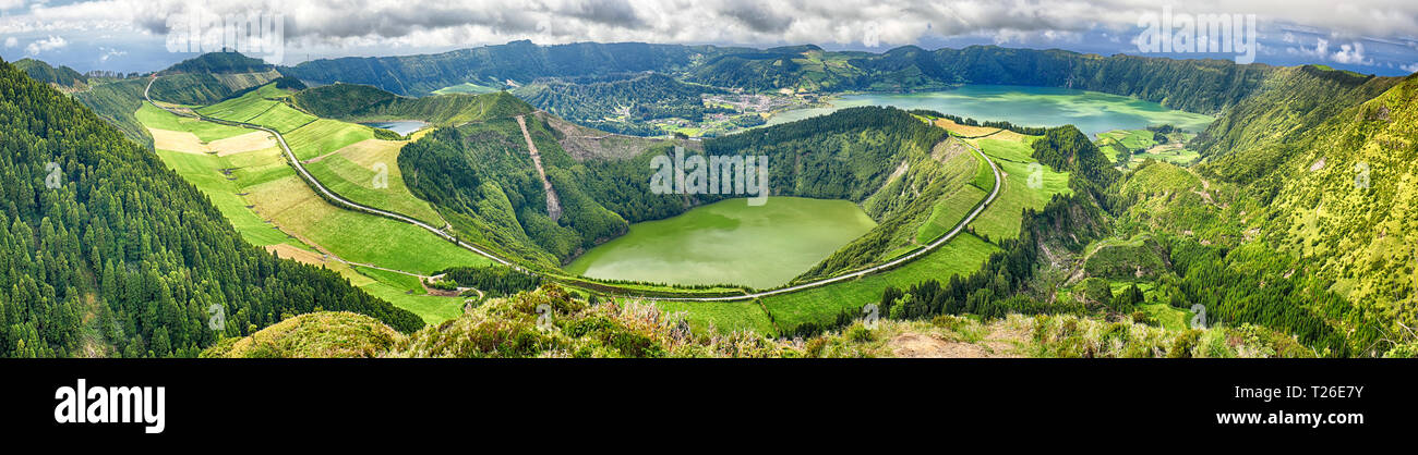 Panoramic view of Crater Sete Cidades from Pico da Cruz at Sao Miguel, Azores Stock Photo