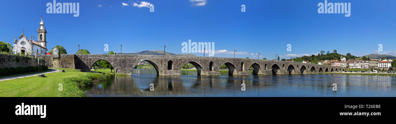 Panoramic view of the old romanic bridge of Ponte de Lima Stock Photo