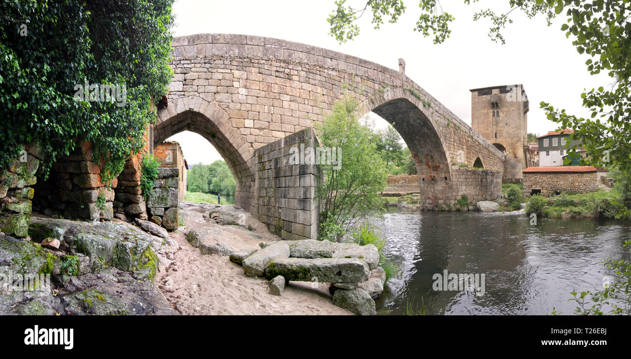 Panoramic view of the old mediaeval bridge of Ucanha - Ponte de Ucanha Stock Photo