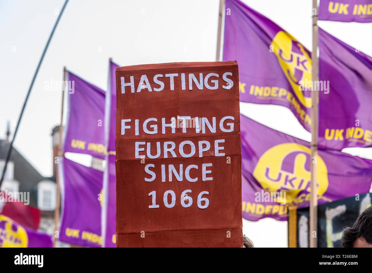 Battle of Hastings reference placard at the Brexit Betrayal protest rally march with UKIP flags. Fighting Europe since 1066. Humorous placard, London Stock Photo