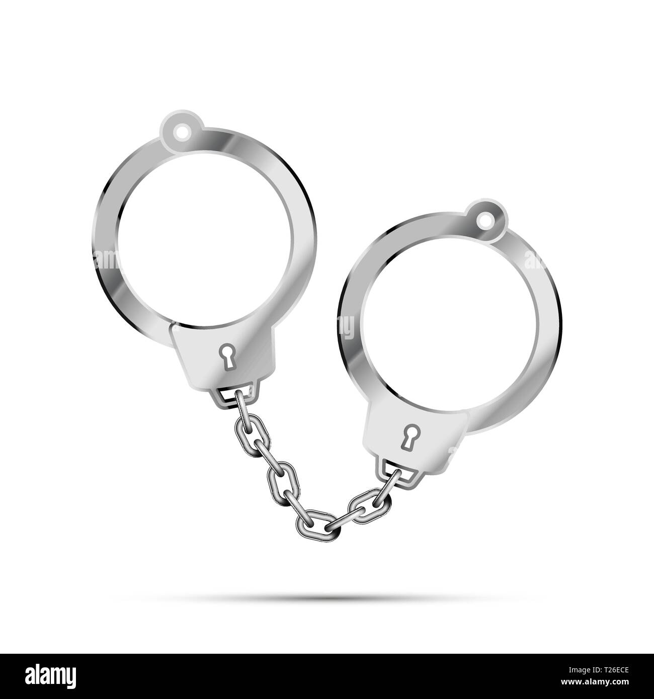 Realistic metal police handcuffs with shadow isolated on white Stock Vector