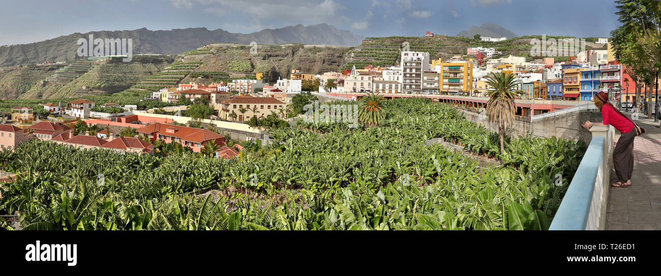 Panoramic view of Tazacorte with young women (La Palma, Canary Islands) Stock Photo