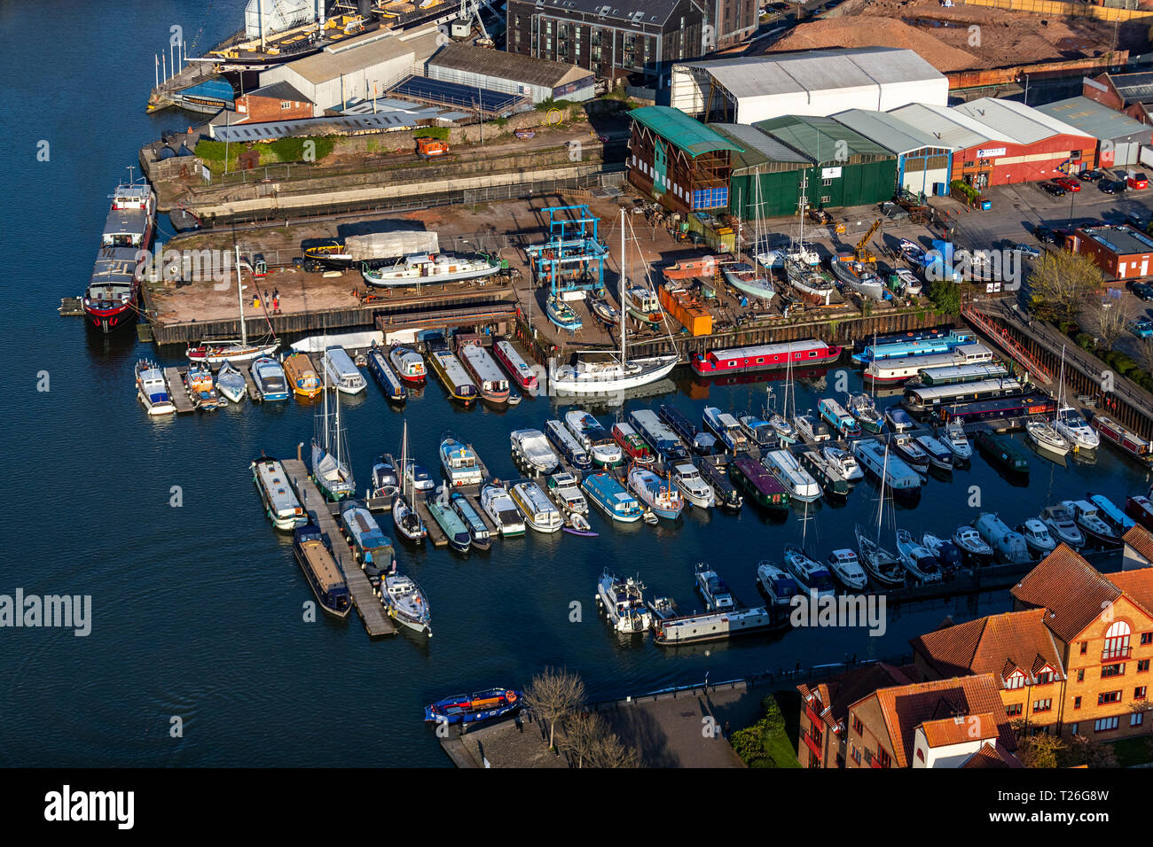 Boats of all sizes moored at the city centre Bristol Marina, Bristol