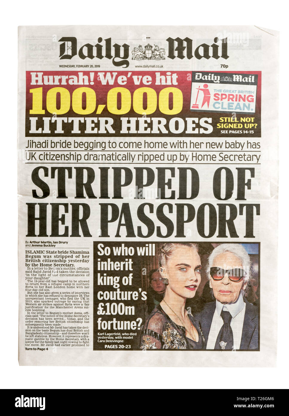 The front page of the Daily Mail from 20 Feb 2019 with the headline 'Stripped of her Passport' about Shamima Begum Stock Photo