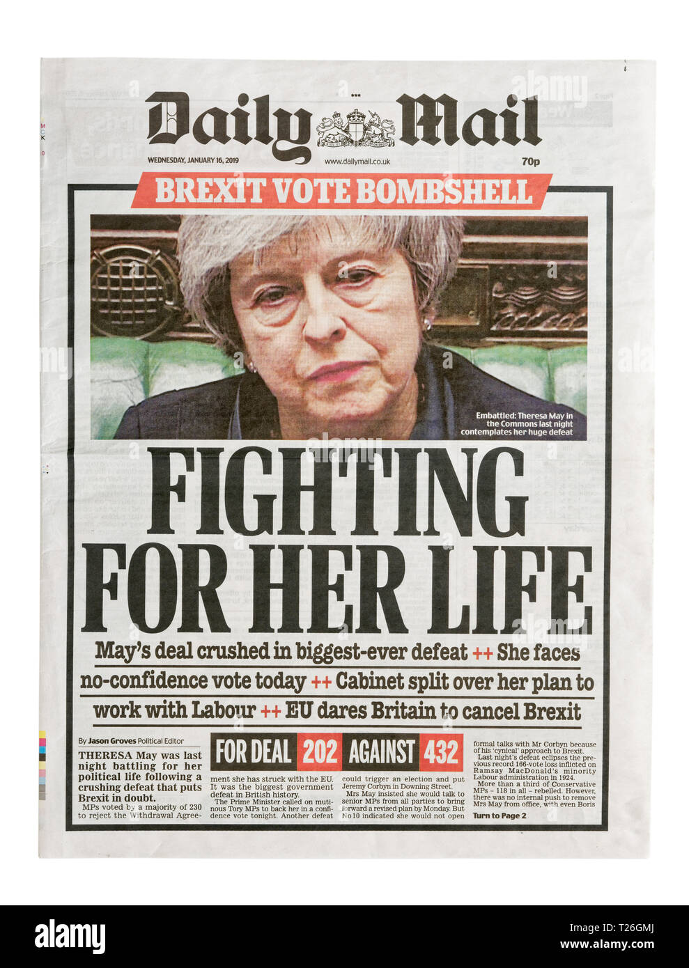 The front page of the Daily Mail from 16th January 2019 with the headline 'Fighting For Her Life' abaout Theresa May and Brexit Stock Photo