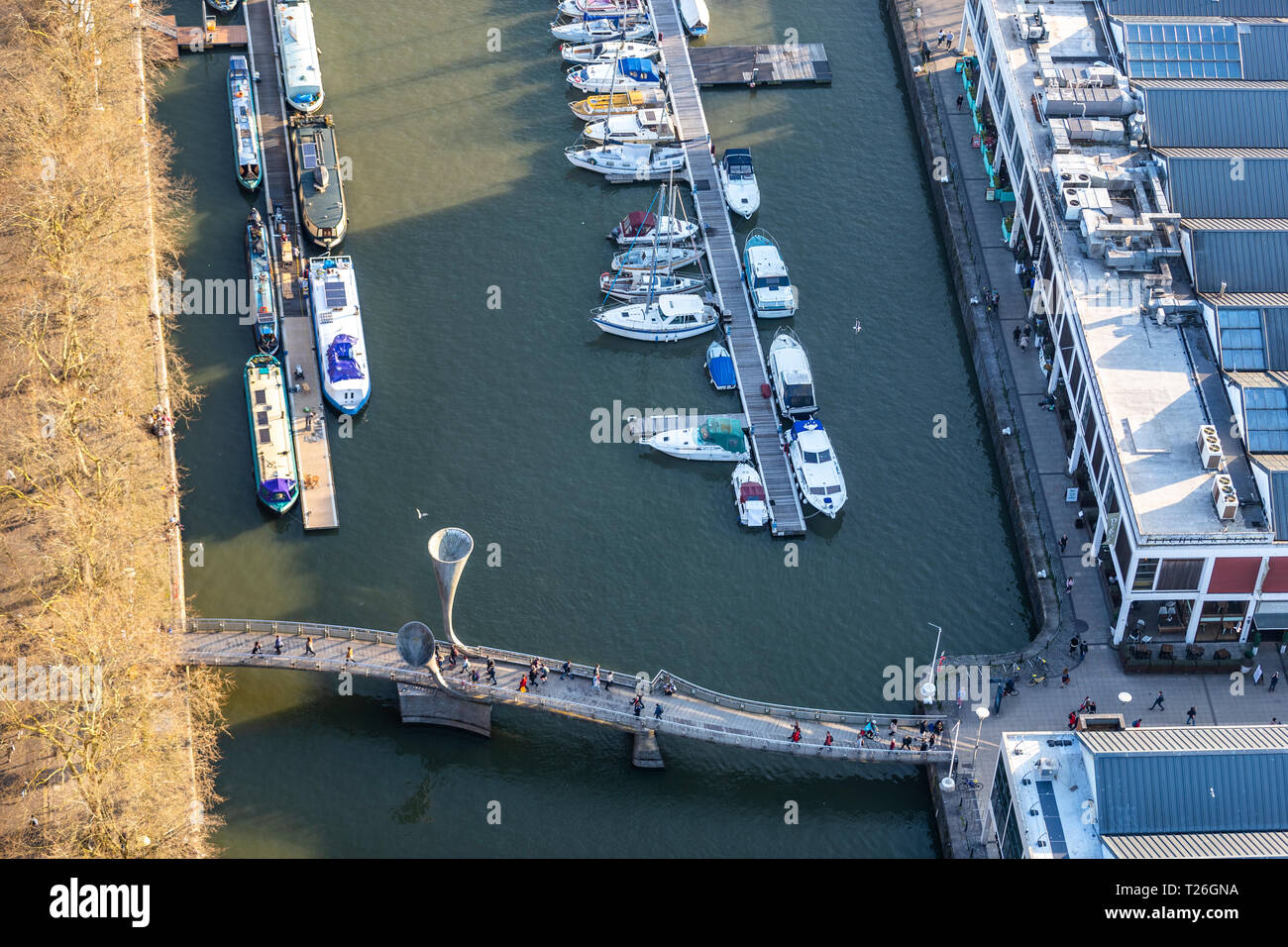 Pero's Bridge, a pedestrian bascule bridge, harbourside, Bristol UK. Named after the slave Pero Jones. Bridge design by Eilis O'Connell. Stock Photo