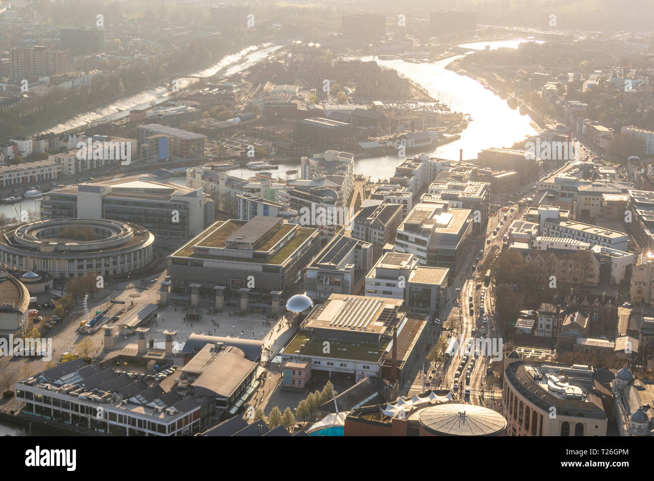 Looking over Millenium Square and it's landmarks. Bristol from the air. Stock Photo