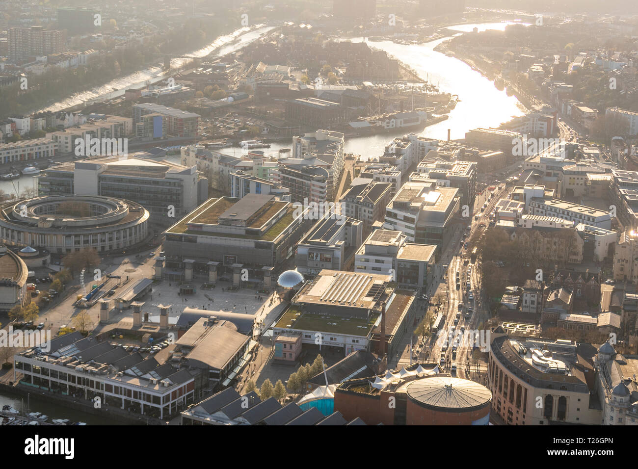 Looking over Millenium Square and it's landmarks. Bristol from the air. Stock Photo
