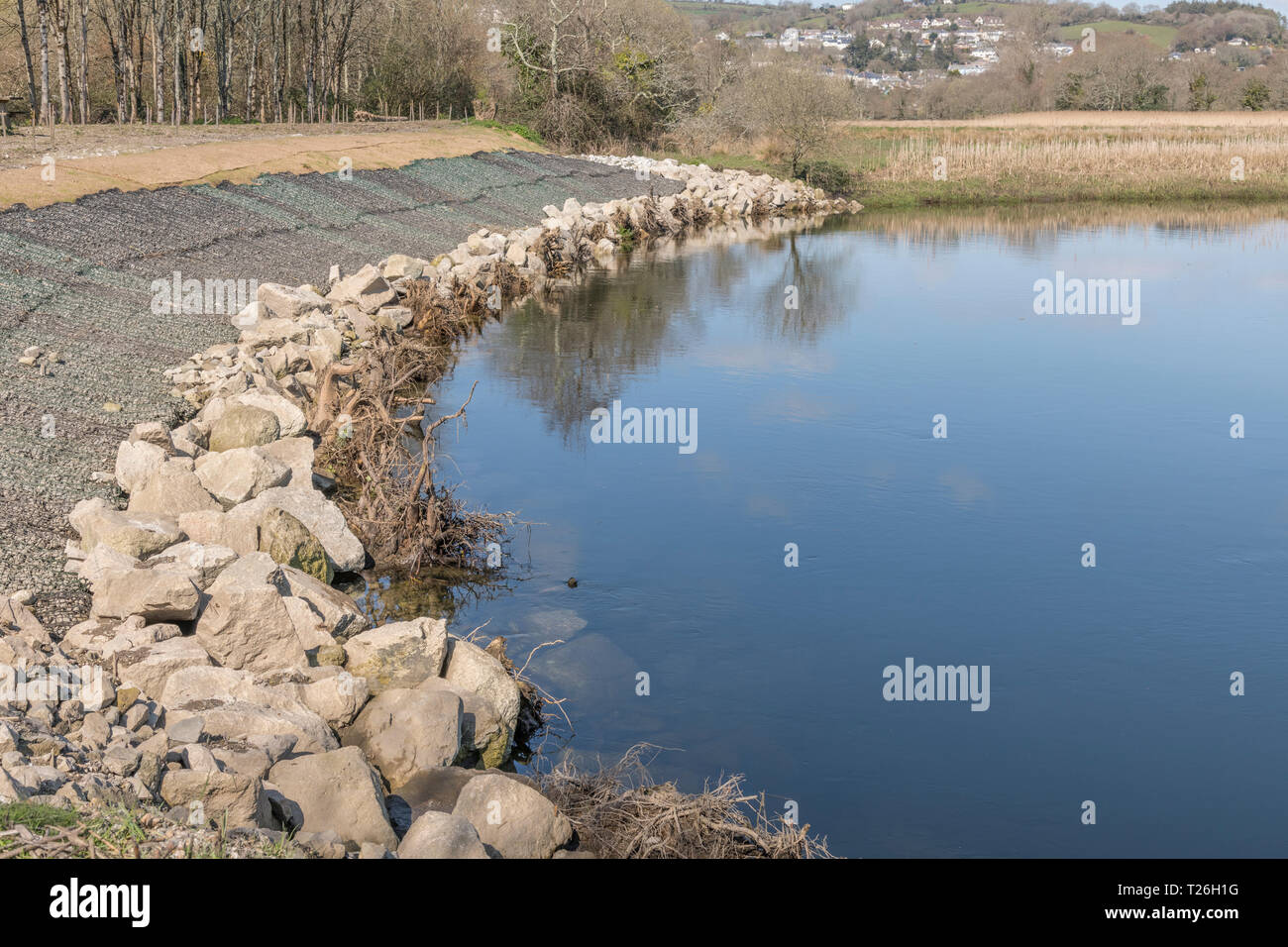 Water erosion control measures on River Fowey at Lostwithiel, Cornwall. Recently laid mesh