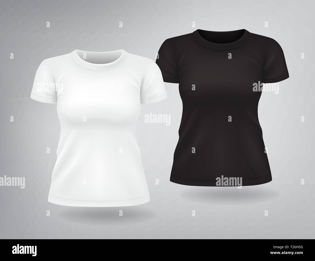 White and black woman T-shirts with short sleeves mock up, place for print Stock Vector