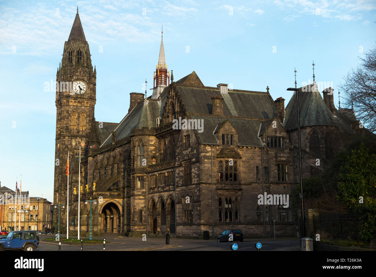 Rochdale town Hall and tower clock with blue sky and late afternoon sun / sunny / sunshine. Rochdale Lancashire. UK. (106) Stock Photo