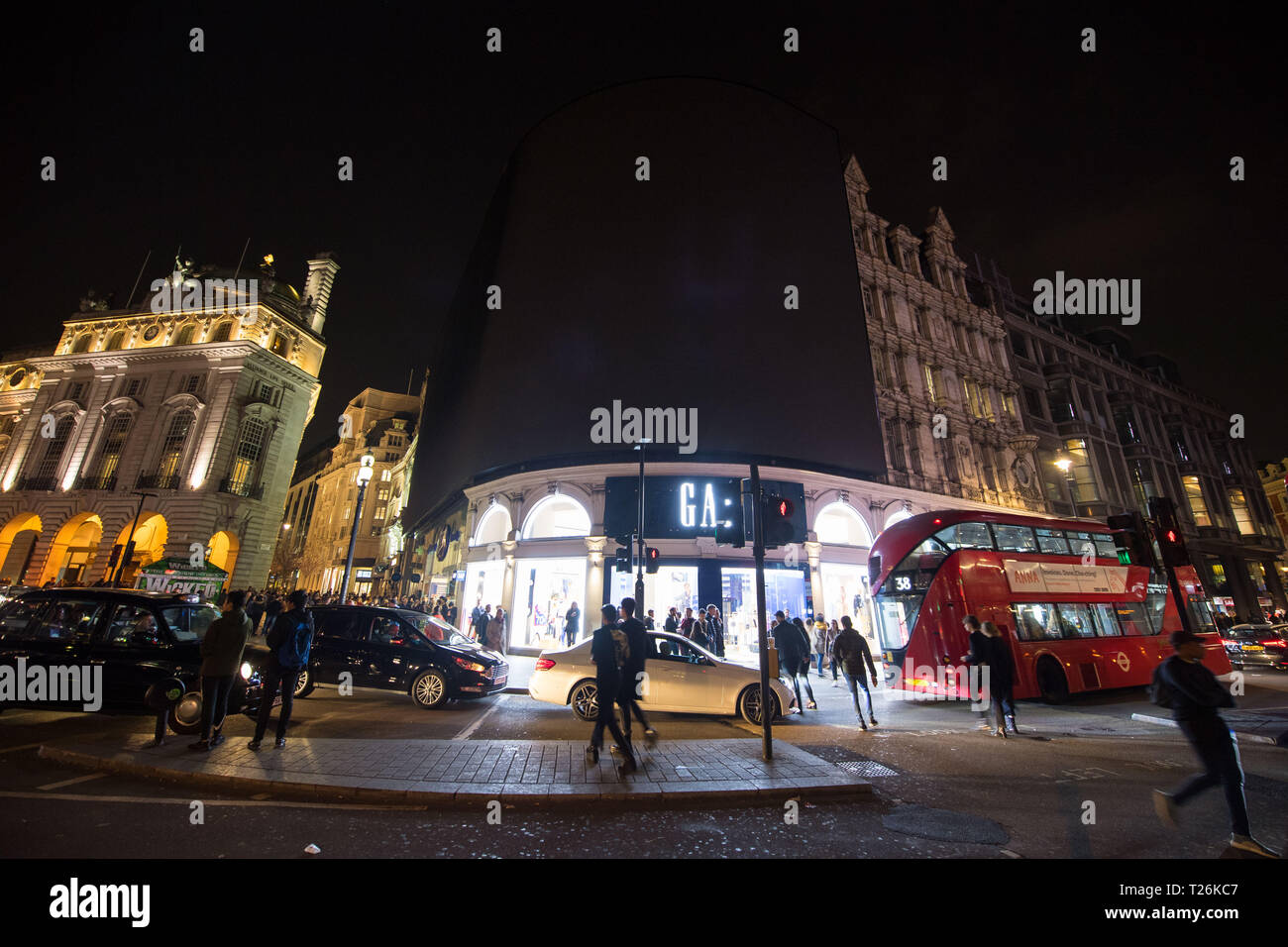 General view of Piccadilly Circus, in central London, during Earth Hour 2019, which sees buildings and landmarks in cities around the world turn off their lights for one hour, raising awareness and money for climate and nature initiatives around the world. Stock Photo