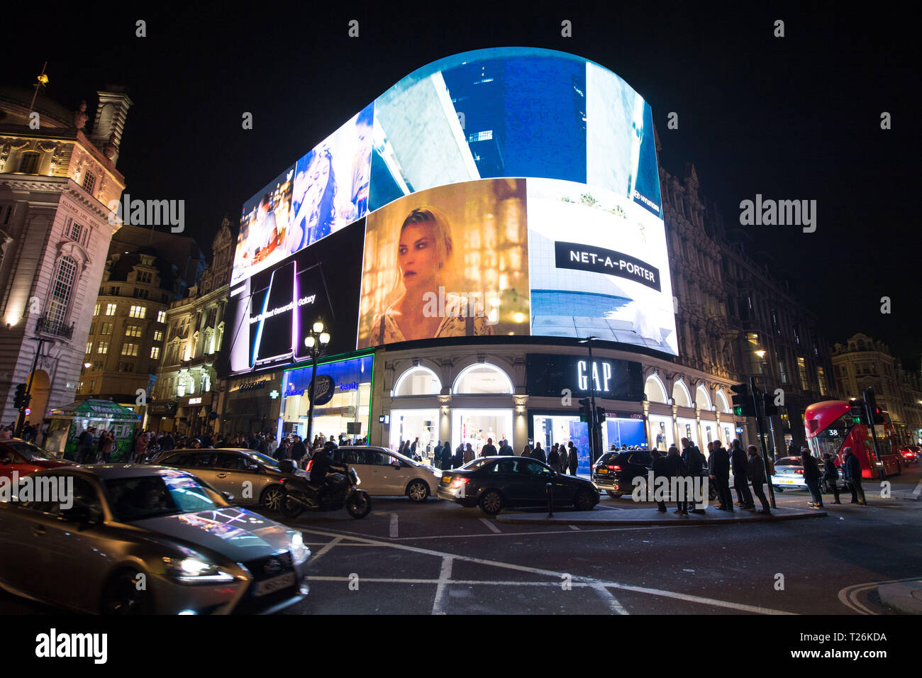 General view of Piccadilly Circus, in central London, prior to Earth Hour 2019, which sees buildings and landmarks in cities around the world turn off their lights for one hour, raising awareness and money for climate and nature initiatives around the world. Stock Photo