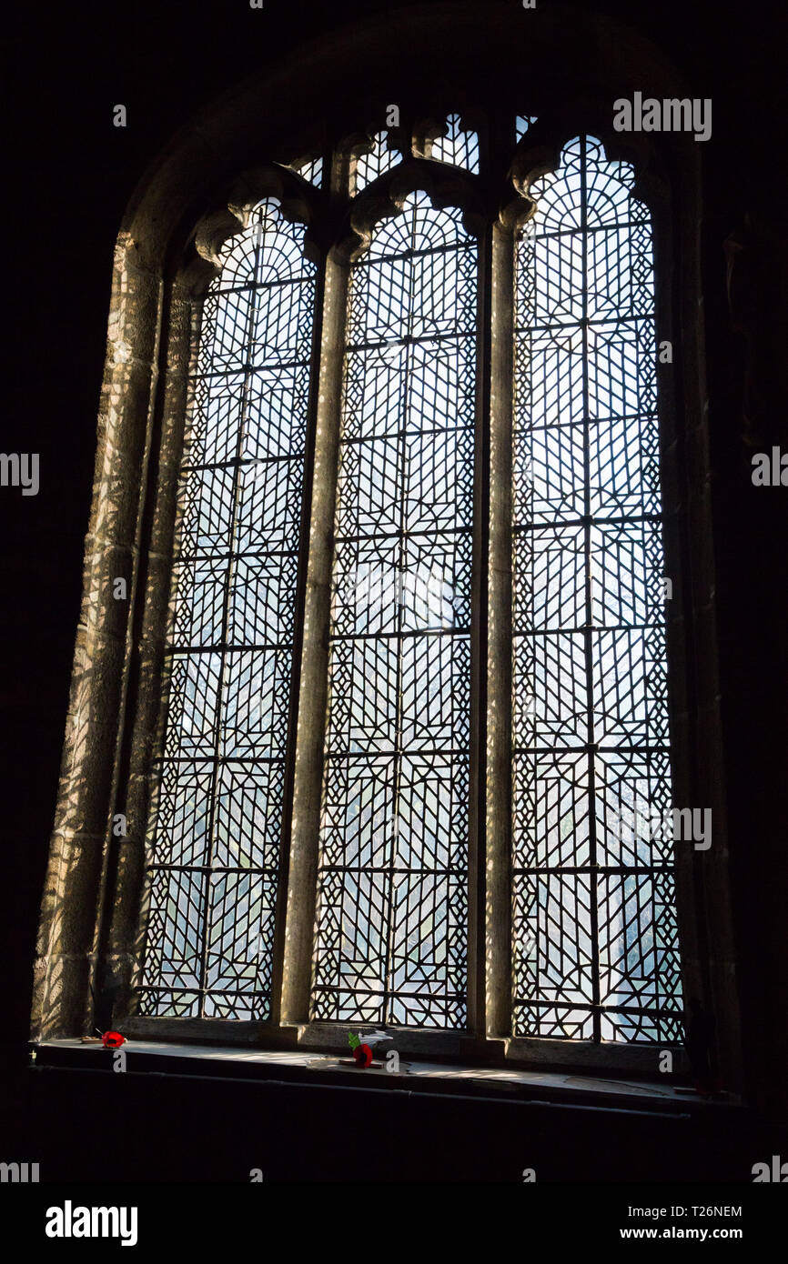 Commonwealth glass windows of Halifax Minster. West Yorkshire. UK. Plain glass leaded windows