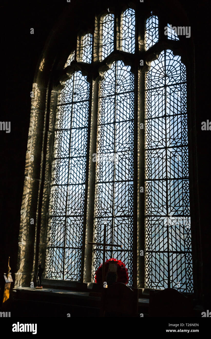 Commonwealth glass windows of Halifax Minster. West Yorkshire. UK. Plain glass leaded windows